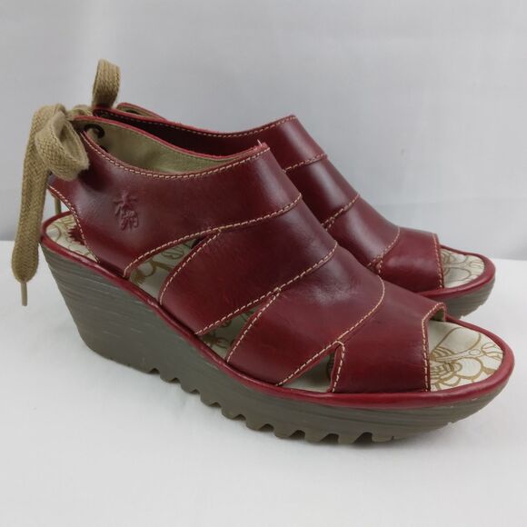 FLY London Shoes - Fly London YOWN Dark Red Wedge Peep Toe Sandals Lace Up  Womens Size 38 US 7.5 8